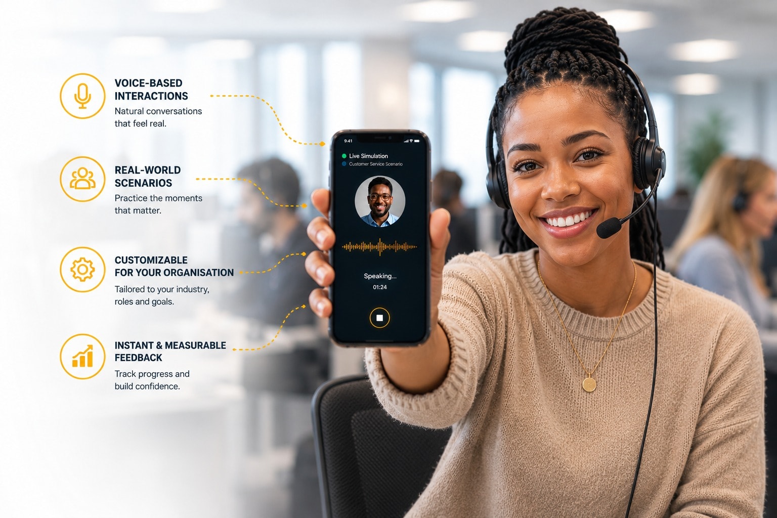 A support agent in a headset holding up a phone running a live Praxis practice call, annotated with the platform's four core capabilities
